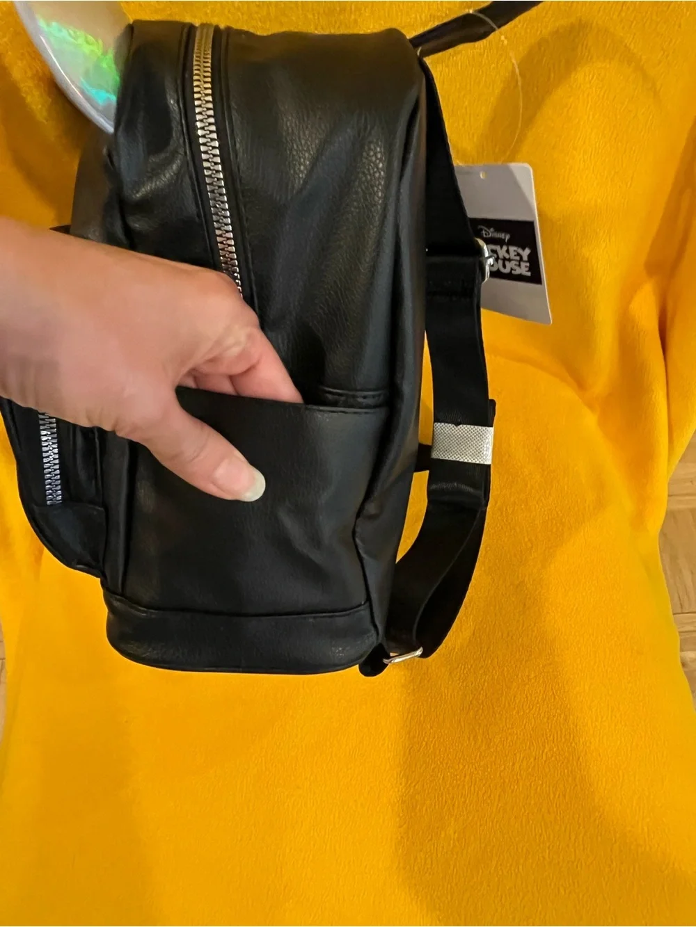 Disney Mickey Mouse black faux leather Mini Backpack w/ holographic details. NWT